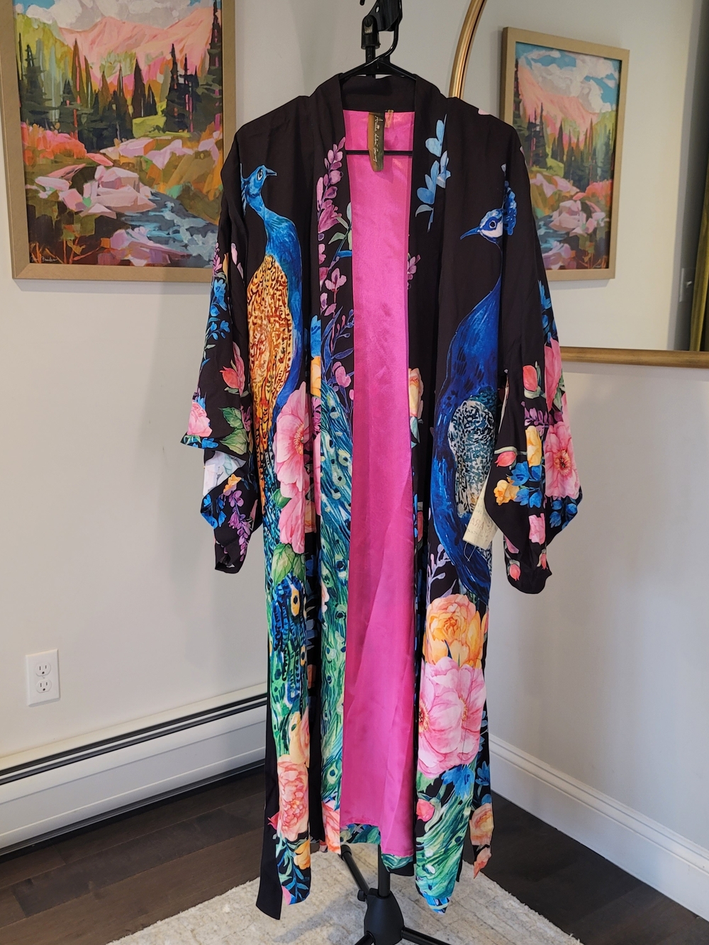 NWT ARATTA Fantasy Kimono Black Peacock Floral Pink Lining Women's Size L